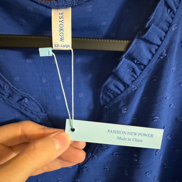 NWT royal blue long sleeve tunic, ruffled collar, V neckline by YSYOKOW size XXL - Picture 10 of 14